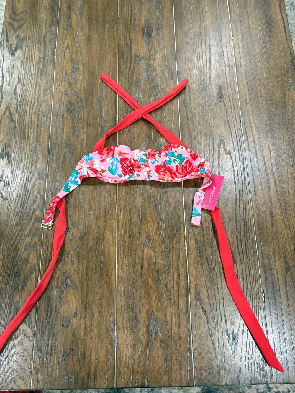 Xhilaration Pink Floral Bikini Top with Red Straps